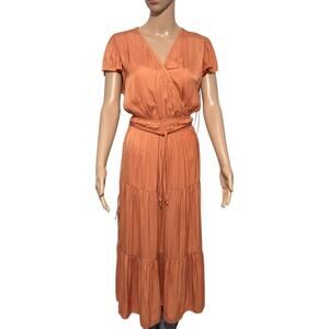 Joie Flutter Sleeves Mock Wrap Tiered Skirt Shirred Waist Belted Maxi Dress (L)